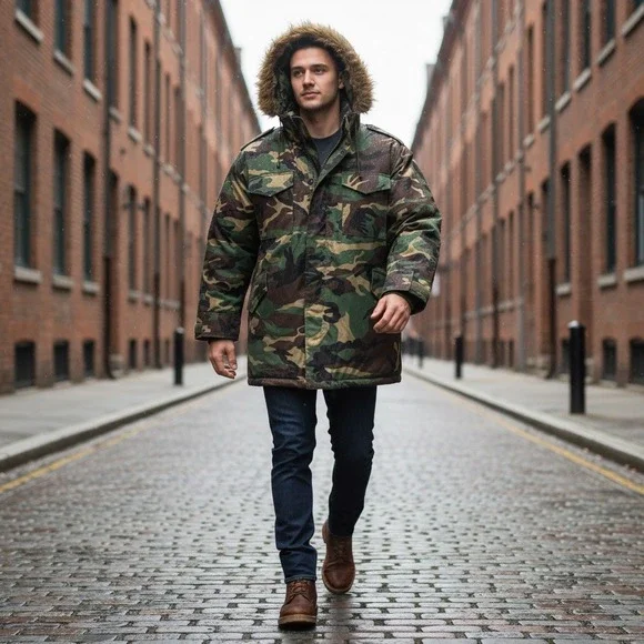DODECA Vintage Y2K‎ Men's 6XL Woodland Camo Parka Fur Hood Winter Jacket NWT